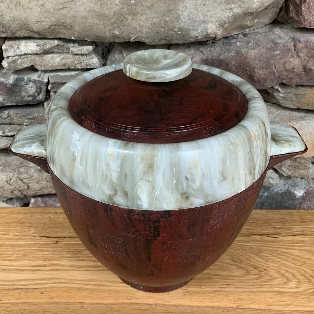 VTG Ice Bucket Mid Century Coasters Faux Wood & Marble MCM 50s Barware Bar Cart